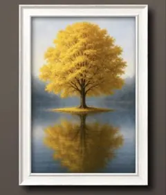 黄金の静寂に未来の光が輝く幸福の木　額縁付き　開運のグラフィックアート