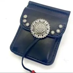 本革マネークリップB　アポロカスタム　フラワーコンチョ　黒　革紐ビーズ