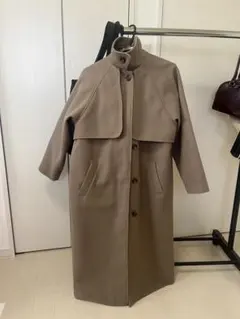 ブラウン　ラウンドカラー スタンドカラー　ロングコート　グレージュ　2way