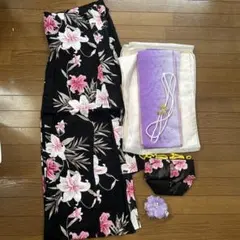 黒地にピンク花柄浴衣・帯セット
