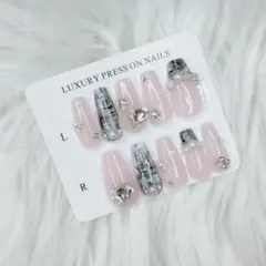 ♡ フレンチガーリー　韓国風　パール　ハート　ツイード　ネイルチップ　現品♡