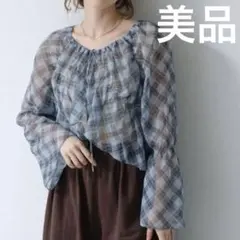 kastane ブラウス シアー シャツ ブルー 青 チェック ギャザー リボン