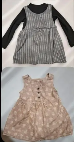 花柄コーデュロイワンピース　リブ重ねストライプワンピース　90cm　２点セット
