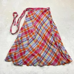 【美品】ラルフローレン　チェック　ミモレ丈　スカート　リボン　インド綿