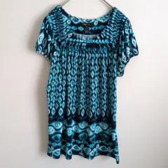 Style & Co. イカット柄 ギャザーネック 半袖 チュニック M ブルー