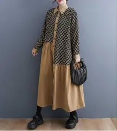 秋冬　バイカラー シャツワンピース　長袖　ロングワンピース　Aラインワンピース