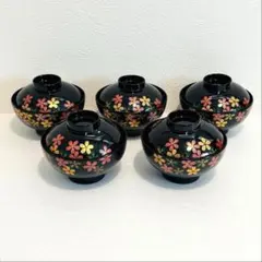 ⭐️ 会津塗 天然木加工品 春秋蒔絵 蓋付き汁椀揃え ５客 美品 ⭐️