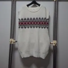 ニコアンド ニットベスト ホワイト フリーサイズ 幾何学 ノルディック