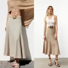 ZARA ベルト付きロングフレアスカートSリネンのサムネイル