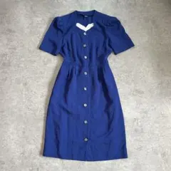 【昭和レトロ】80s レトロワンピース 青 水玉 ロングワンピース モダン 古着