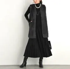 ティエドゥール ミンク調フェイクファー Ｖネックミドル丈ジレ&マフラー 3L