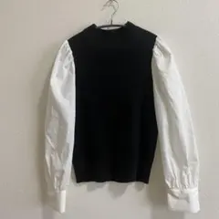 GU リブ編みパフスリーブ長袖トップス S 黒白