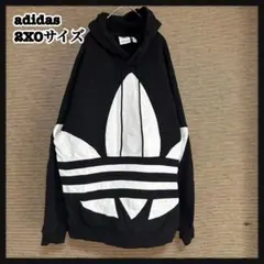 【アディダス】パーカー　デカロゴ　黒　ビッグロゴ　刺繍　裏毛　袖ロゴF1