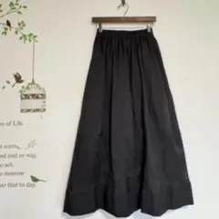 ギャザーロングフレアスカート ウエストゴム 軽い シワになりにくい 黒 M