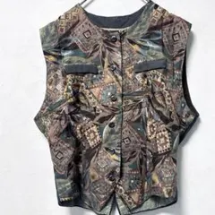 ⭐️希少デザイン✨ヴィンテージ 総柄 エスニックベスト ジレ 裏地切替 配色