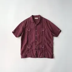 古着 刺繍デザイン 4ポケット 半袖キューバシャツ ブラウン XL 6722