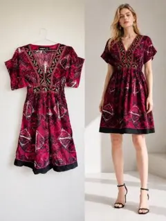 Desigual デシグアル 刺繍 総柄 Vネック フレアワンピース 半袖 Mのサムネイル
