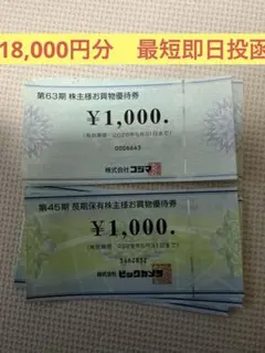 コジマ　と　ビックカメラ　株主優待券　18000円分