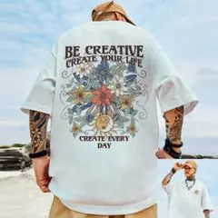 843 メンズ サンムーン Tシャツ半袖 XL ホワイト　白　ストリート　花