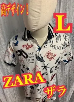 ZARA ザラ　半袖　ポロシャツ　総柄　白　Lサイズ