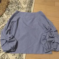 チェック柄 バルーンスリーブブラウス M ネイビー ギンガムチェック