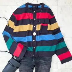 キャバン　マルチカラーボーダーカーディガン　コットンカシミヤクルーネック