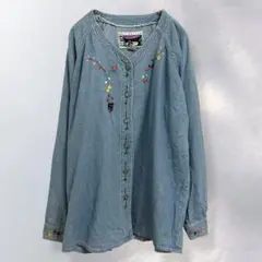 ノーカラーデニムシャツ 花柄刺繍 ヴィンテージ 羽織り 綿100% M《a738