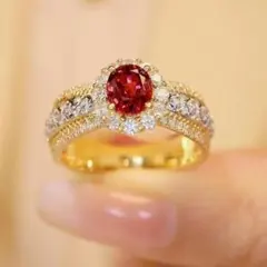 Fサイズ　指輪　アンティーク風王族　ゴールド　人工石　CZダイヤ　ルビー　華奢のサムネイル
