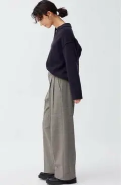 GU タックワイドパンツ　ブラウン　チェック　Lサイズ