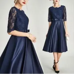 結婚式ドレス パーティー お呼ばれ 二次会 ワンピース 袖あり 半袖 ネイビー