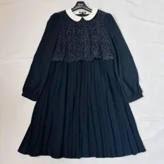 極美品 組曲 お受験 白襟 プリーツ ワンピース 紺 160 現行モデル