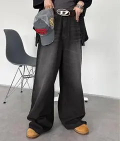 ダークグレー ワイドデニムパンツ