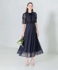 LEJA】ウエストマークパフスリーブ総レースロングドレスワンピース S