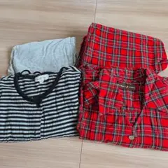 【M〜L】マタニティ パジャマ2点セット 赤黒チェックとストライプ 春・秋用