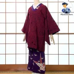 和裝外套 輪奈天鵝絨 正絹 花卉紋樣 紅酒色 古董和服 A-2723