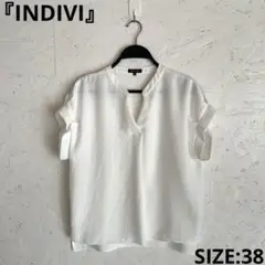 【INDIVI】プルエラサテンストライプシャツ　半袖　オフィスカジュアル　38