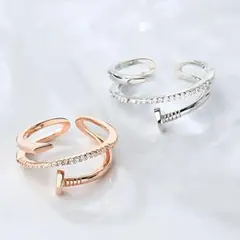【2個セット】リング　指輪　釘モチーフ　釘リング　ジルコニア　フリーサイズ