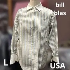 billblass)USA古着レディースカジュアルシャツL緑系ストライプ紐ボタン