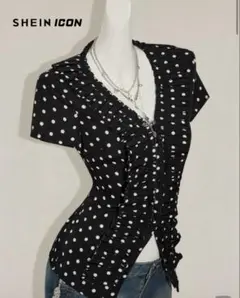 SHEIN ICON ブラック&ホワイト ドット柄プリーツ レディースブラウス