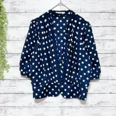 A993　SUNHILL　ブラウス　ボタンレス　水玉　ネイビー　七分袖　17号
