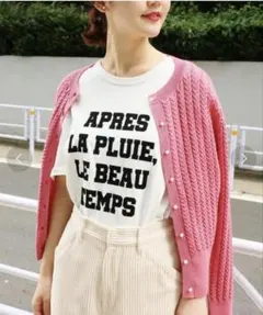 IENA ケーブルクルーネックカーディガン　 ピンク ニットカーディガン