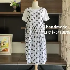 ハンドメイド コットン エプロン エプロンドレス サイドリボン 大人用 ドット柄