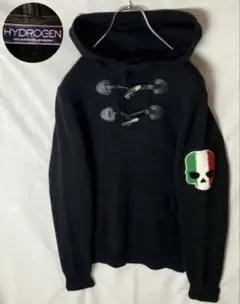 ハイドロゲン イタリア国旗×スカルワッペン×ダッフルトグルブラックニットパーカー