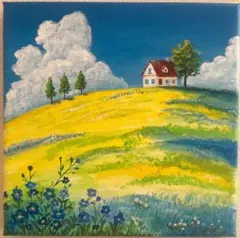 丘の上の小さな家と入道雲☆アクリル画☆原画のサムネイル