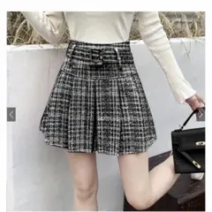 インパン裏地付きベルトツイードプリーツミニスカート[ks023]