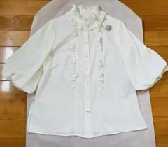美品】Rene ルネ フリルブラウス 長袖シャツ リボン 花 白 34 日本製 