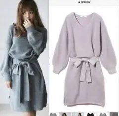 ウエストリボンニットワンピース　ラベンダー