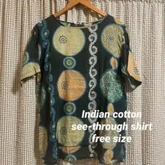 インド綿　多色円形模様 半袖トップス　綿100