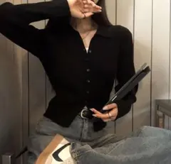 nugu ヌグ カラーネック ニットカーディガン ブラック