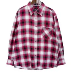 海外古着 オンブレチェック 綿 麻 長袖 フランネルシャツ 赤 白 黒